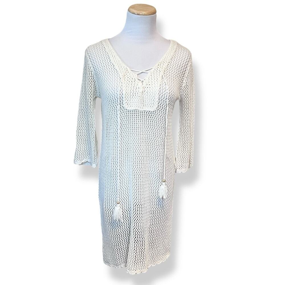 Cream Open Knit Lace Up Tassel Side Vent Mini Dress Swimsuit Cover Up Boho